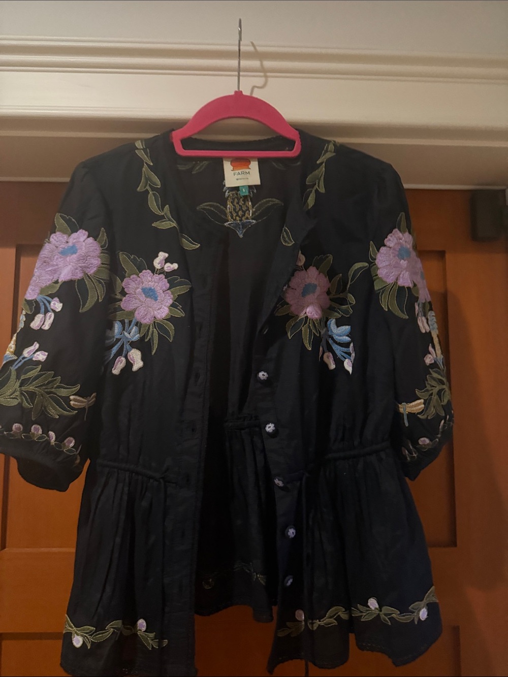 FARM Rio Black Jacket with Lavender Floral Embroidery